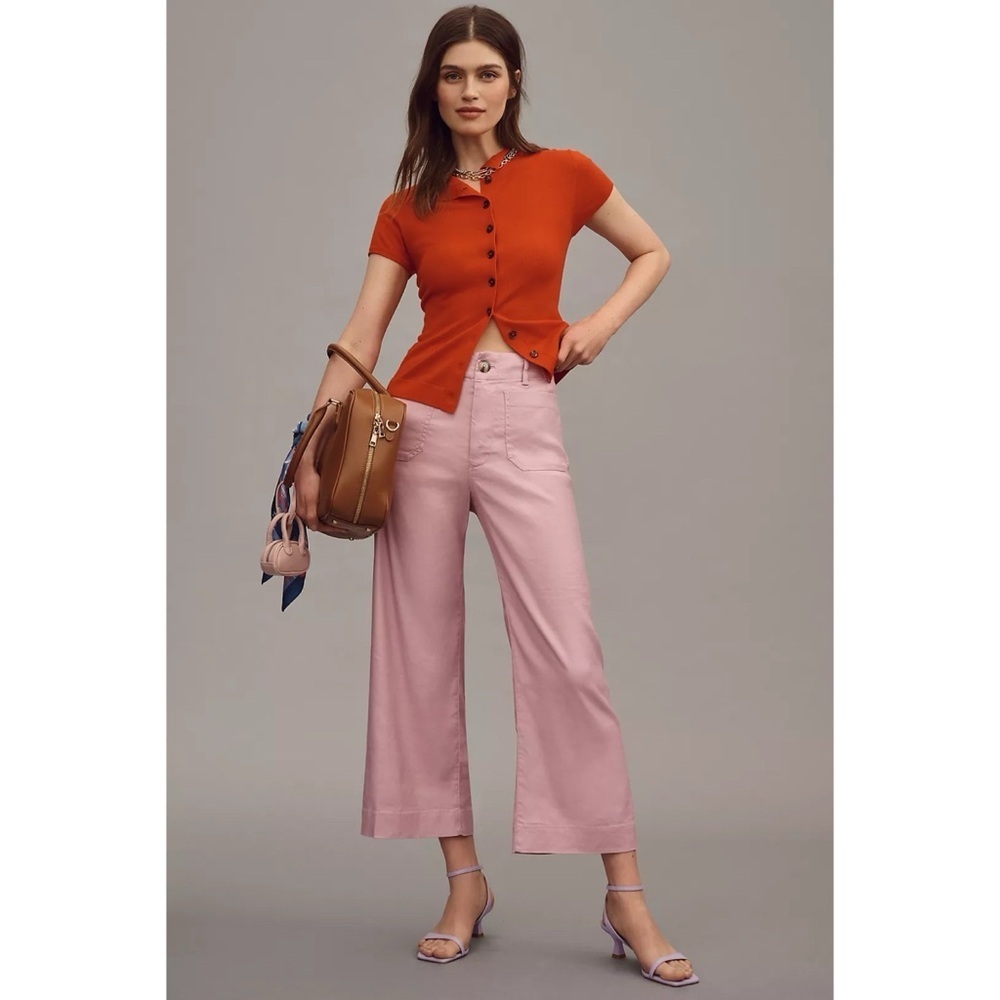 New Anthropologie Maeve The Colette Linen Crop Wide Leg Pants Pink 25P Petites - Picture 3 of 11